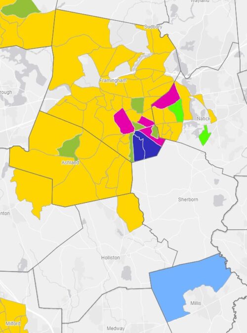A map of the environmental justice (EJ) communities in Framingham, Natick, Ashland, and Holliston. EJ block groups make up 87.2% of Framingham’s population, 36.6% of Natick’s population, 100% of Ashland’s population, and 7.8% of Holliston’s population.