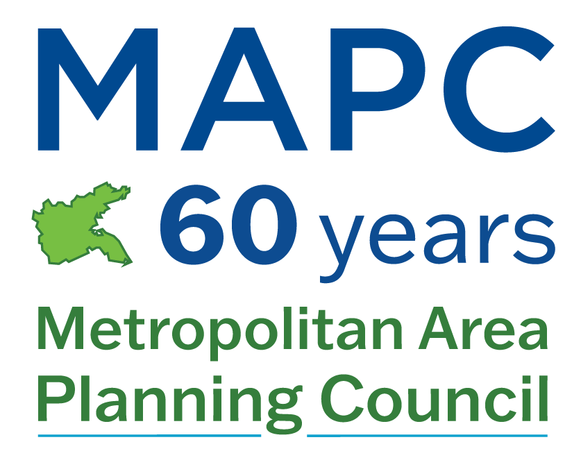 MAPC 60th Anniversary stacked logo. Text says MAPC 60 years and Metropolitan Area Planning Council. There is a small lime green map of the region.