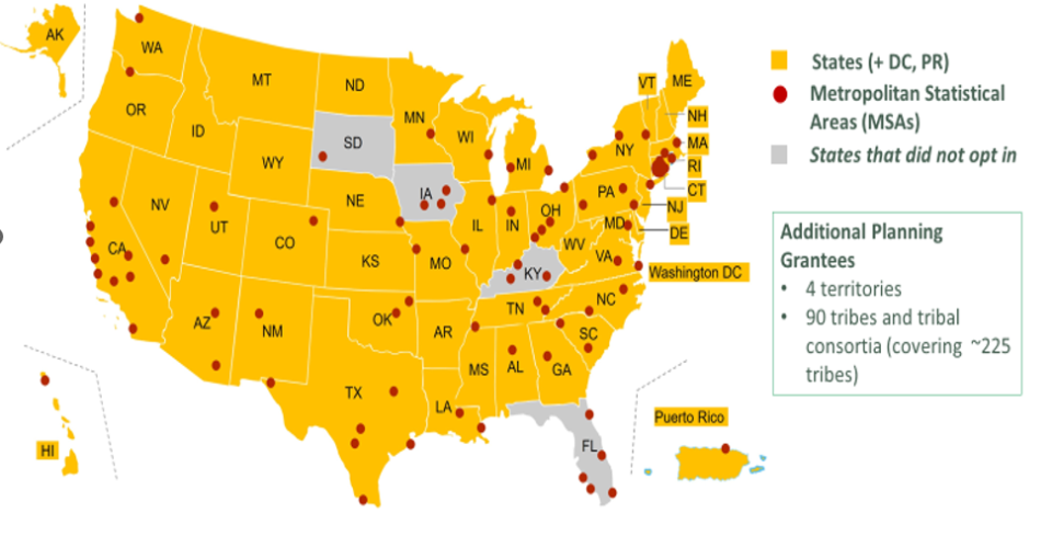 A U.S. map that displays the areas participating in the CPRG planning grants. Courtesy of the EPA.
