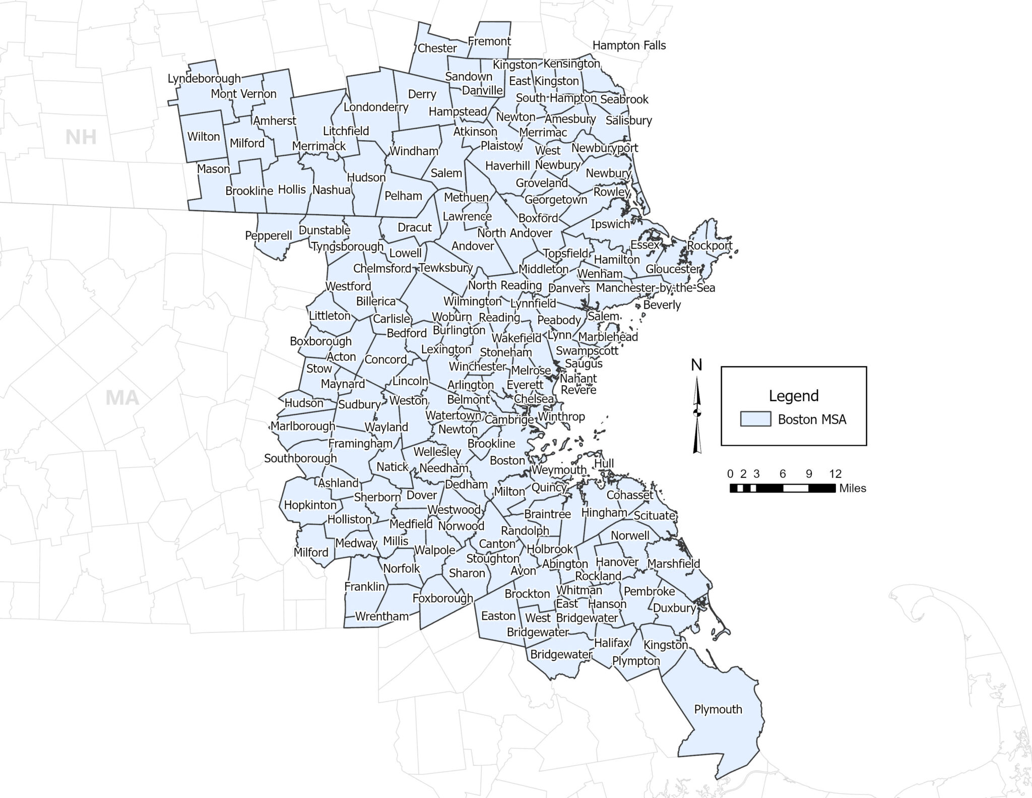 OverviewMSA_blue A blue map of the Metropolitan Statistical Area (MSA) in the Greater Boston area. All of the communities are written in black text on the blue map.