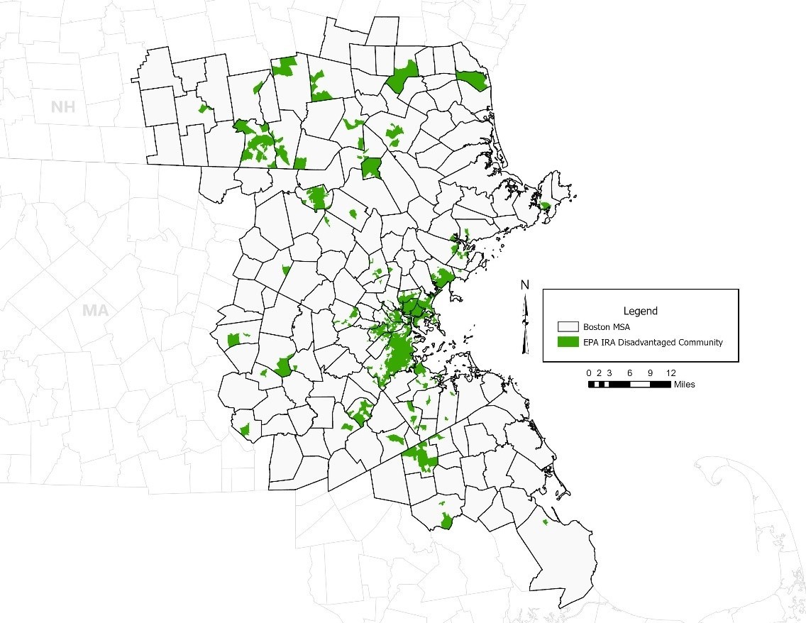 image map A black outlined map of greater Boston with areas in green showing federally designated disadvantaged communities.