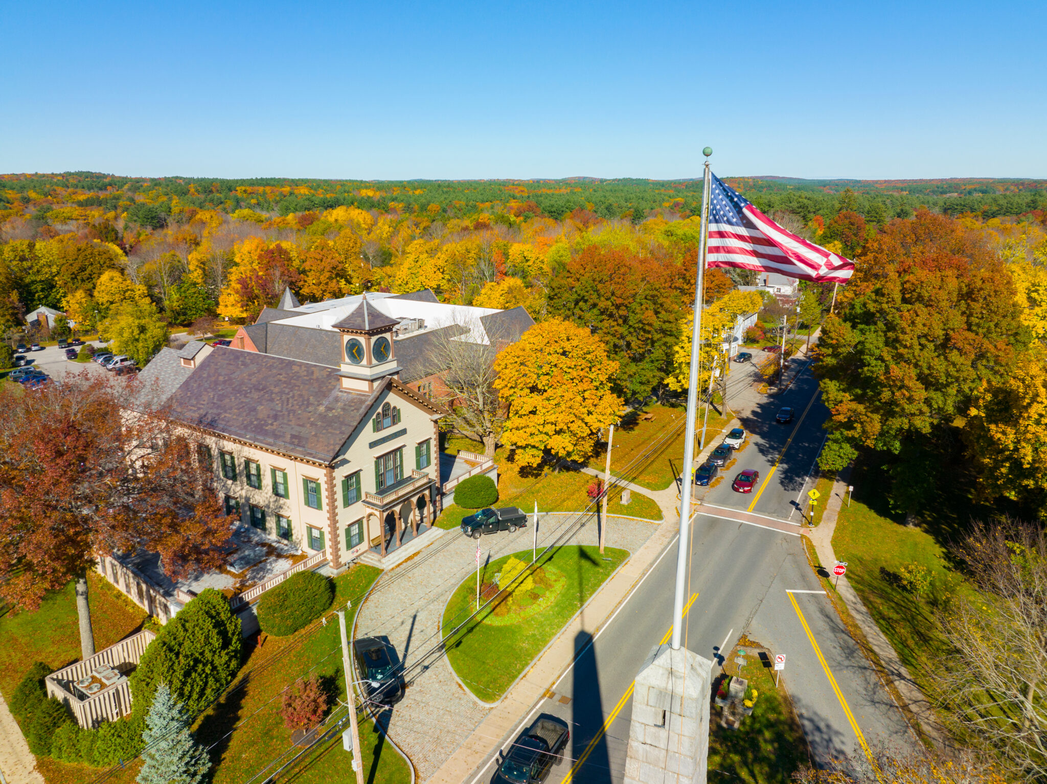 Acton Town Hall aerial view in 472 Main Street in historic town center of Acton, Massachusetts MA, USA.