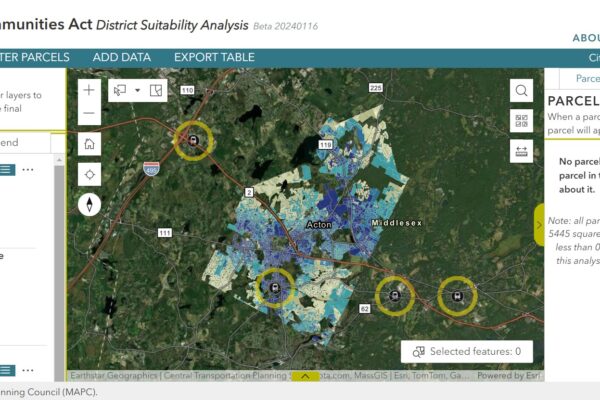 A screenshot of the interactive 3A District Suitability Analysis Tool webpage. Image shows a map of Acton with varying "suitability" layers in different colors.