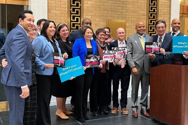 A photo from the Creative Sector Advocacy Celebration, featuring Governor Maura Healey, Lieutenant Governor Kim Driscoll, and other local leaders.