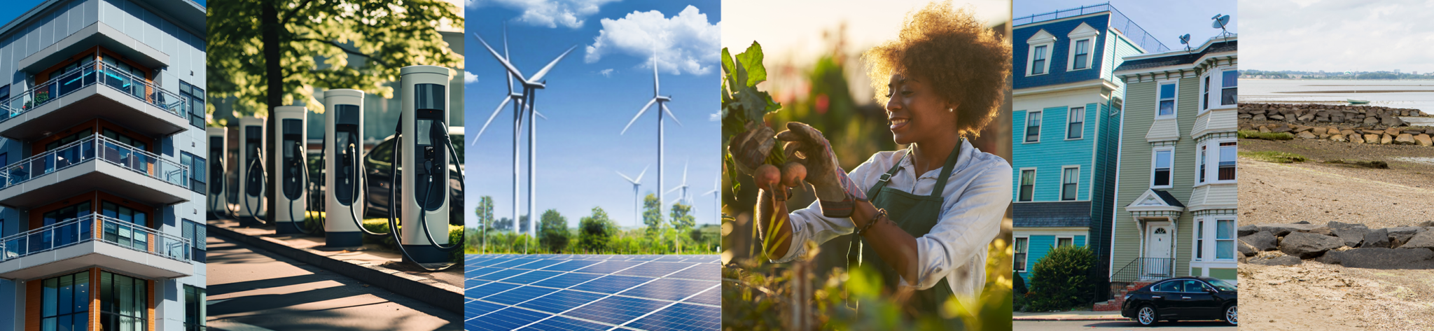 Horizontal banner of numerous photos related to housing, climate, and land.