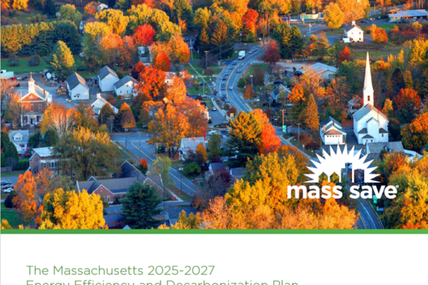 The cover photo from Mass Save's 2025-2027 Energy Efficiency and Decarbonization Plan. The photo shows an aerial view of a town in the fall.