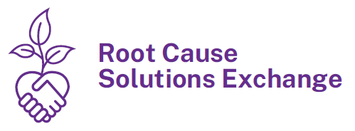 Root Cause Solutions Initiative logo. On a white background in dark purple is text that says, "Root Cause Solutions Exchange". To the left of the text also in dark purple is an image of two hands shaking making the shape of a heart, and three leaves coming out of the top of the heart.