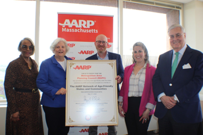 Left to right: Sanda Harris, AARP MA Volunteer State President; Nancy Leamond, AARP Executive Vice President and Chief Advocacy and Engagement Officer; Eric Hove, MAPC Director of Strategic Initiatives; Lizzi Weyant, MAPC Deputy Executive Director; and Jeffrey D. Dunn, AARP Board of Directors