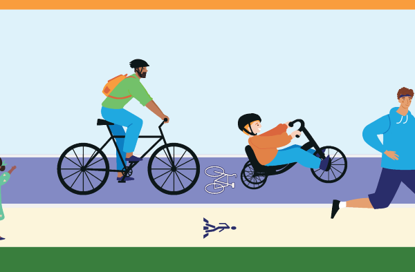 Illustration of people in different transportation modes: a person in a wheelchair talking to another adult and child, two people riding two different types of bikes, a person running with their dog, and a person on a stand up scooter.