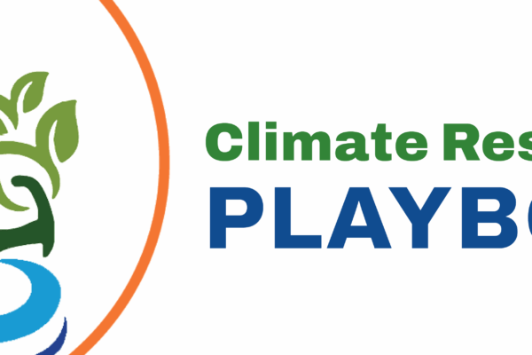 Green map of Massachusetts with a yellow sun overhead, leaves coming out of the map, and blue water under the map. Text says Climate Resilience Playbook.