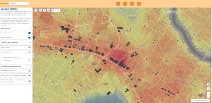 Cool Roofs Suitability Tool 1 A screenshot of MAPC's Cool Roof Site Suitability Tool. The map shows part of Arlington with various shades of red, yellow, and orange, and a side bar of option to filter the view.