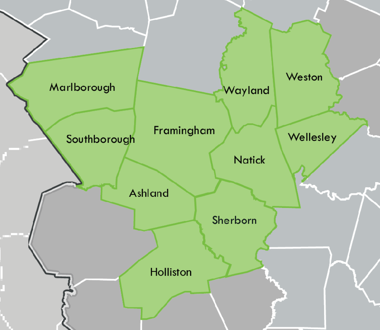 subregion maps webpage mwrc 2 Map of the MetroWest Regional Collaborative subregion. On a gray colored map, the ten communities of the subregion are colored in green.