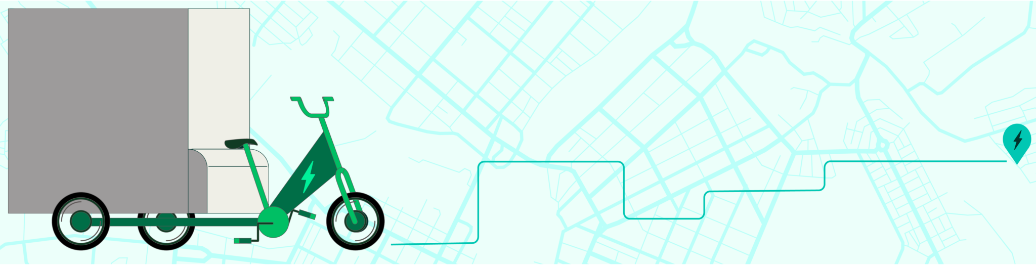 1240x317 web head ecargo Illustration of an e-cargo bike. A green bike with a large gray and white cargo box on the back. Illustration behind the bike is of a light green colored road map.