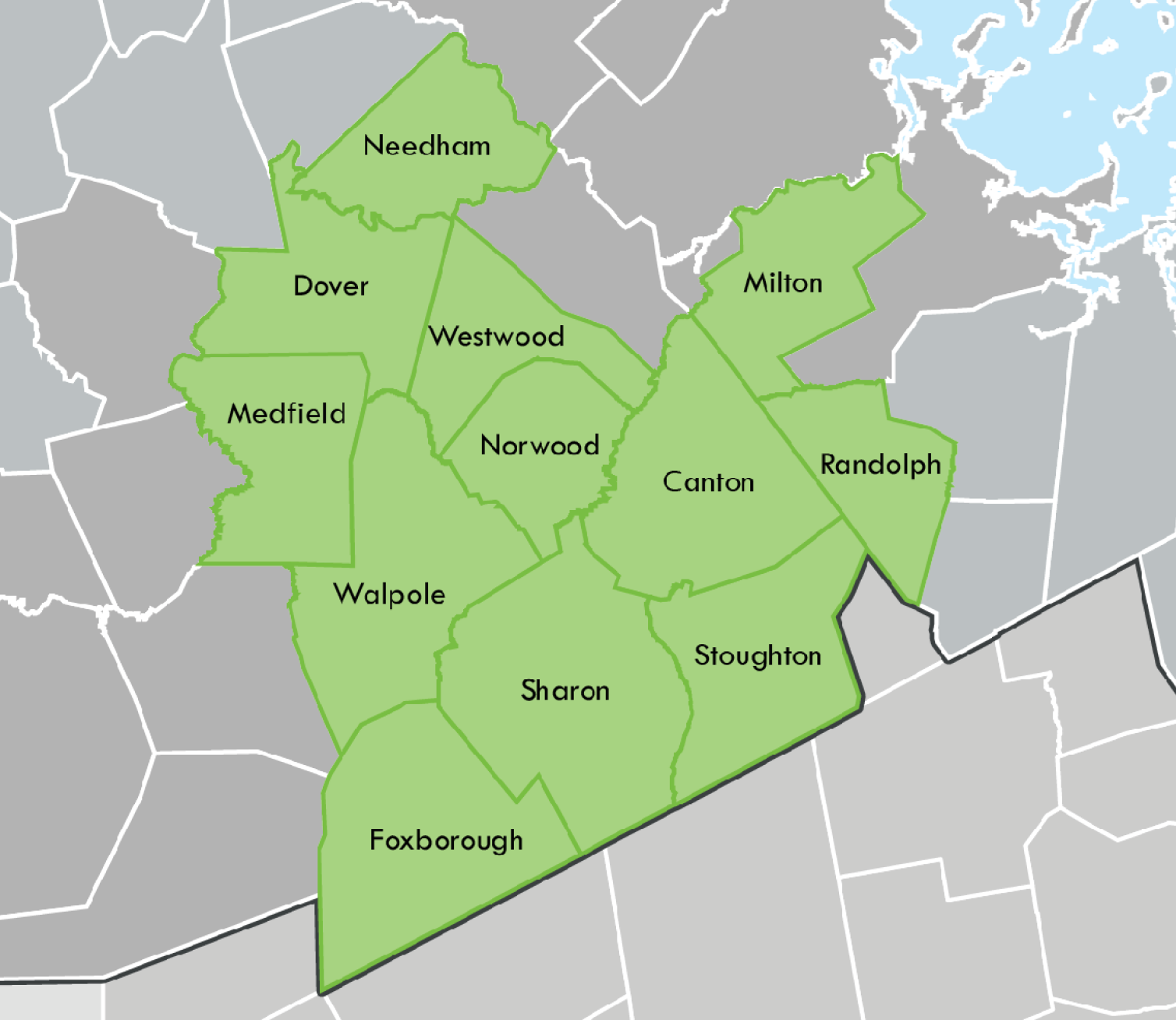 A map of the TRIC subregion. A gray colored map with the thirteen communities of the subregion - Needham, Dover, Westwood, Milton, Randolph, Canton, Norwood, Medfield, Walpole, Foxborough, Sharon, and Stoughton in green.