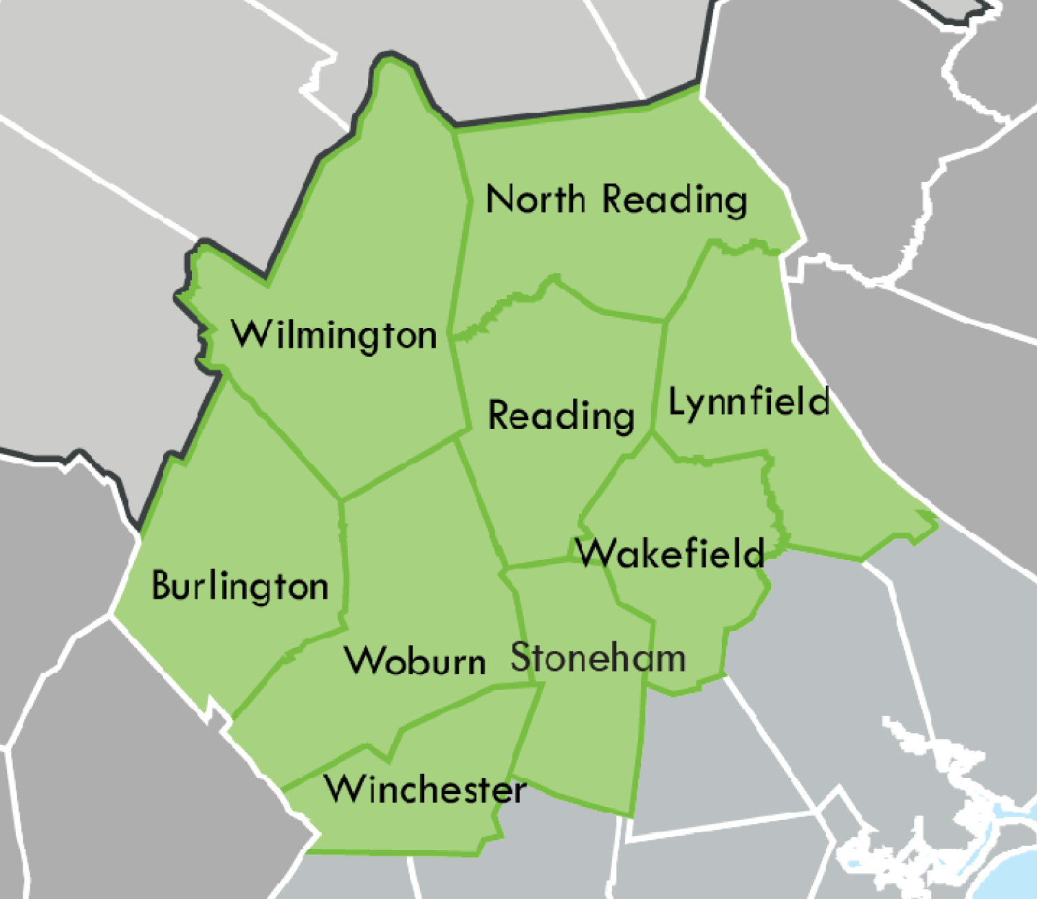 subregion maps webpage - nspc Map of the North Suburban Planning Council subregion. On a gray colored map, the nine communities of the subregion are colored in green.