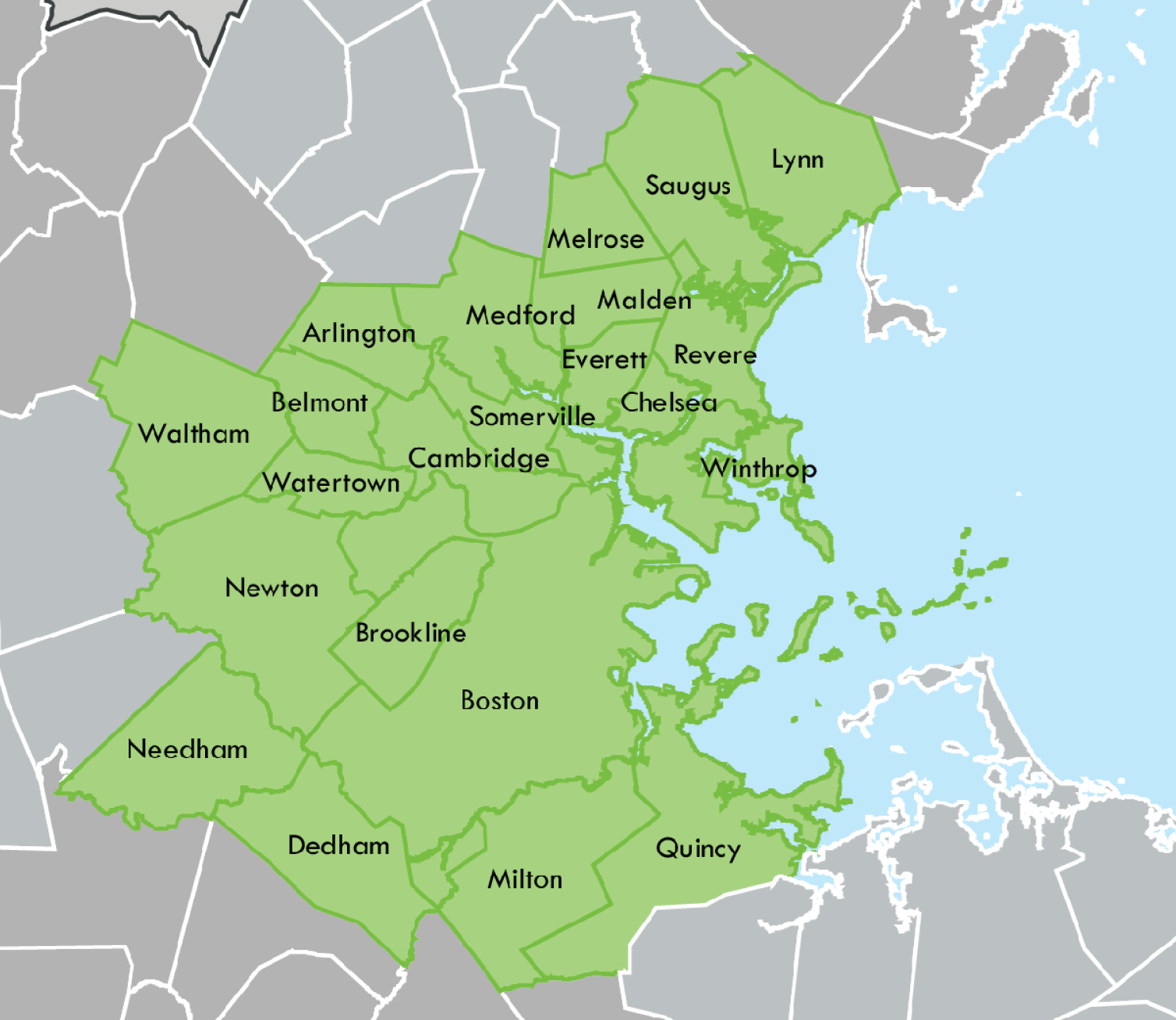 A map of the ICC subregion. A gray colored map with the twenty-two communities of the subregion - Lynn, Saugus, Melrose, Dedham, Malden, Medford, Arlington, Everett, Revere, Chelsea, Belmont, Somerville, Winthrop, Cambridge, Waltham, Watertown, Newton, Brookline, Boston, Needham, Milton, Quincy, in green.