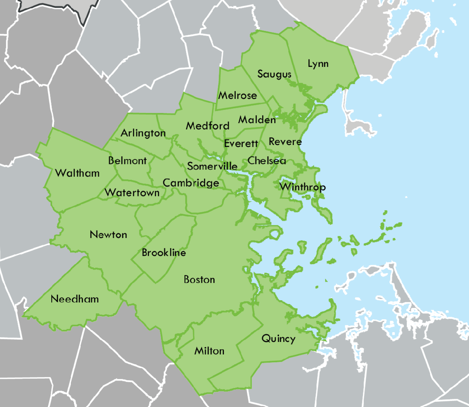 subregion maps webpage - icc Map of the Inner Core Committee subregion. On a gray colored map, the 21 communities of the subregion are colored in green.