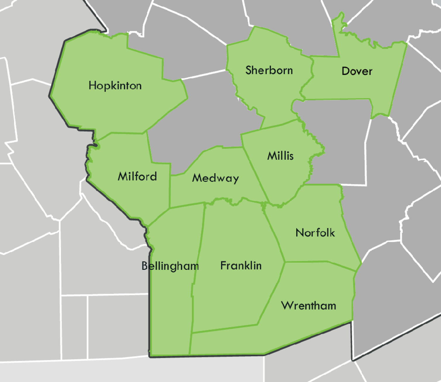 subregion maps webpage - swap Map of the SouthWest Advisory Planning Committee subregion. On a gray colored map, the 10 communities of the subregion are colored in green.