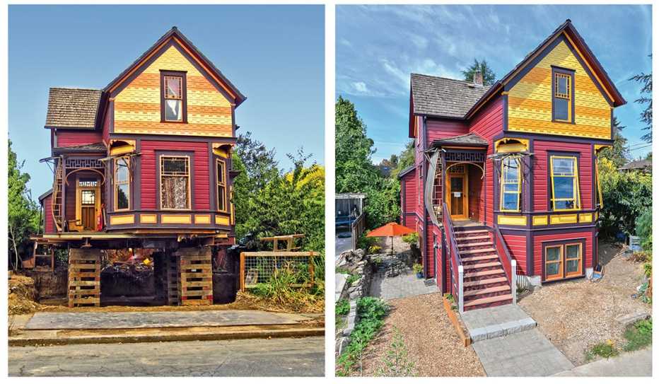 Two photos side by side. The photo on the left is of a multi-colored house under construction. There are lifts under the home to bring it up a level. The photo on the right is of the completed constructed house with the lower level that was added completely done. There are trees, some plants, and grey sidewalks and direct surrounding the house.
