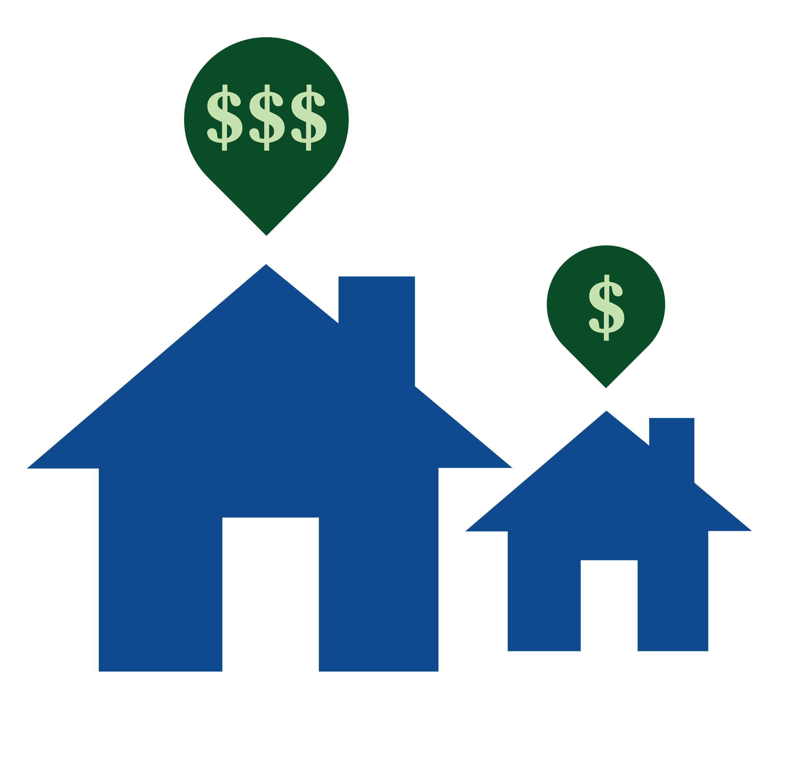 ADU_ICONS_11_19-01 Icon of two blue homes - a larger and smaller one. Over the top of each house in a dark green colored bubble are light green money symbols.