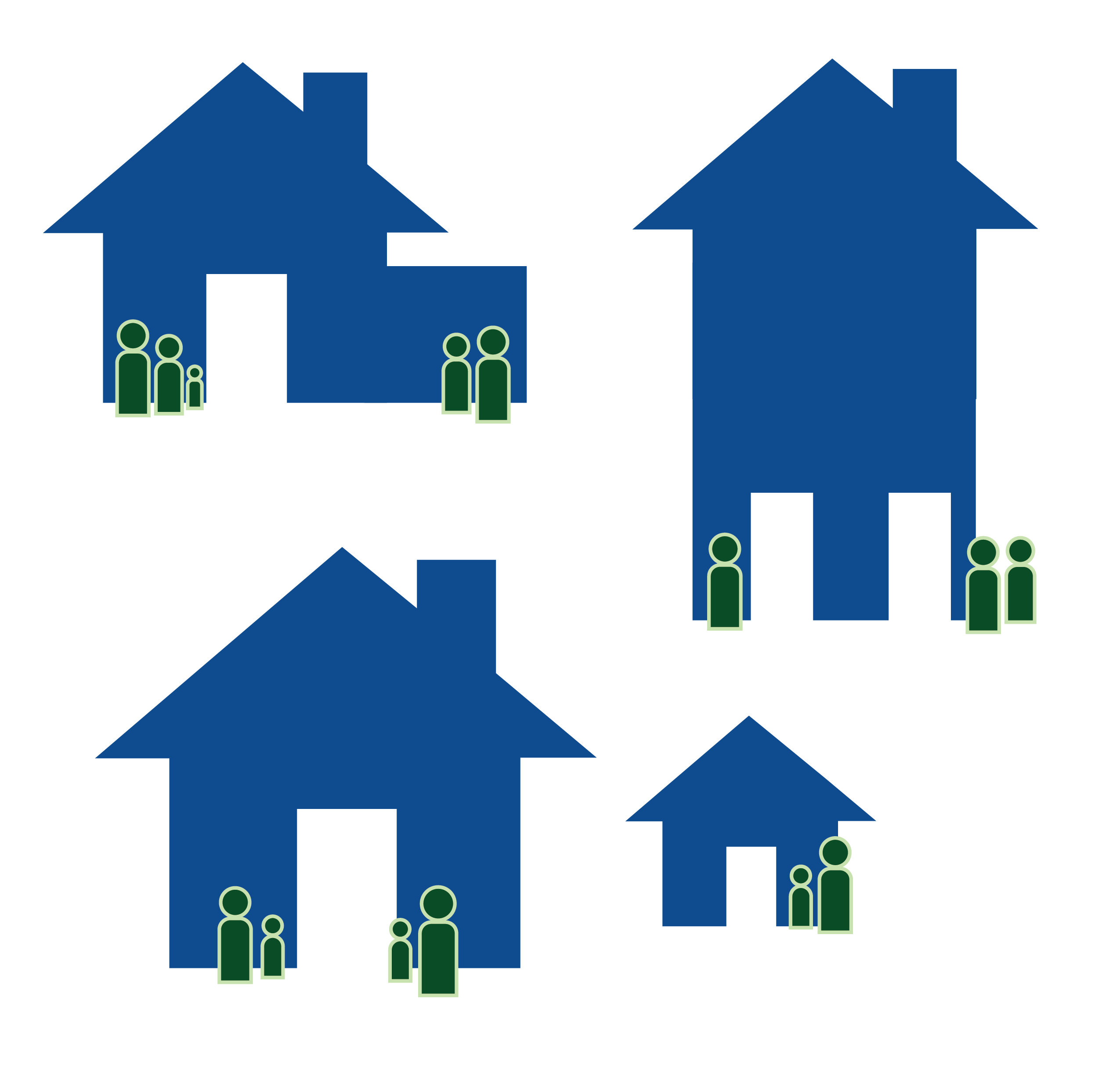 ADU_ICONS_11_19-02 Icon of four blue different sized and structured homes. In front of each home are tiny dark green figures representing people.