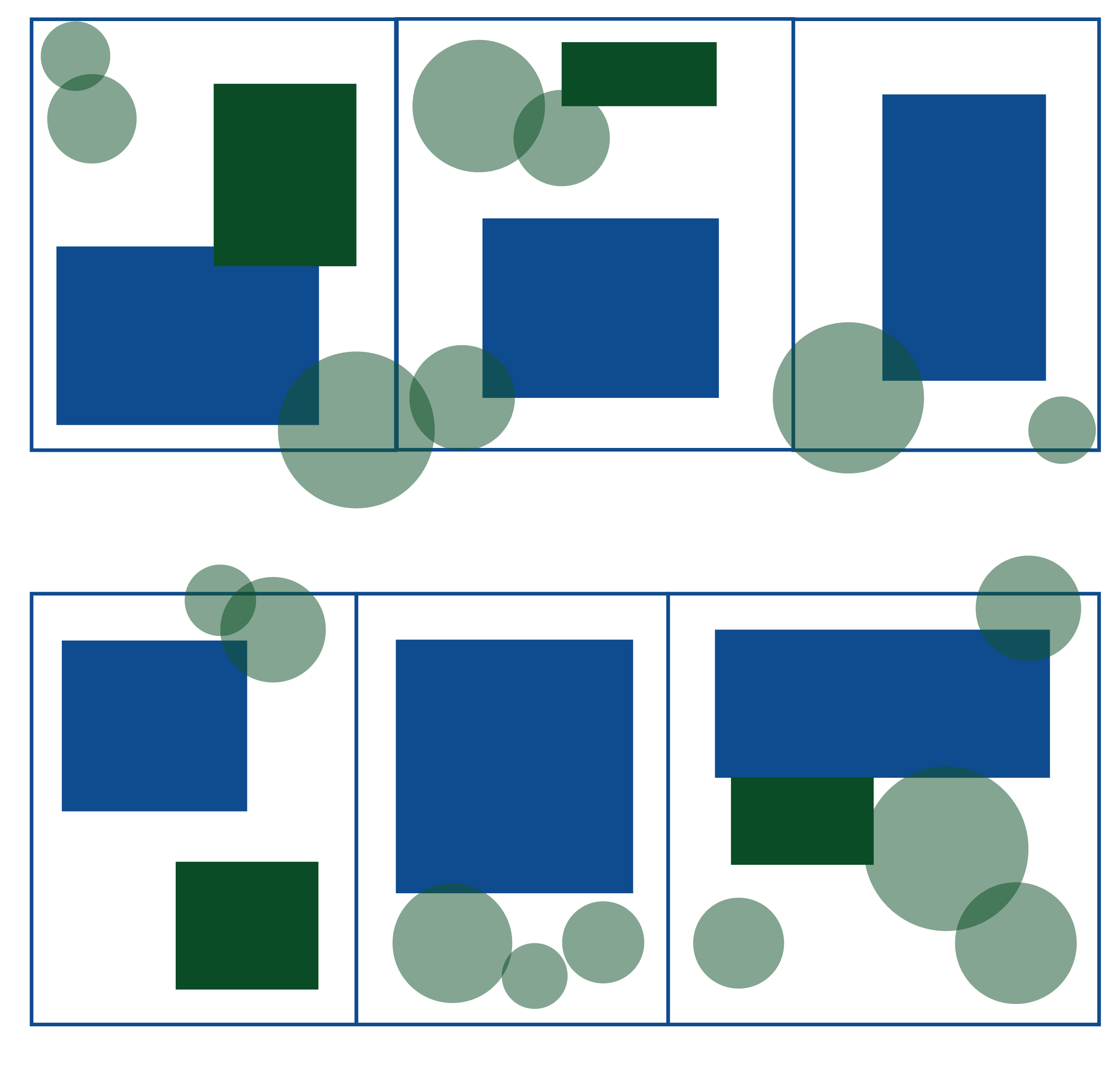 ADU_ICONS_11_19-03 Icon of six different transparent boxes outlined in blue. In each box are different sized and shaped blue boxes and rectangles. In four of the six, there are also green different shaped boxes, circles, and rectangles. Some of the green figures are close to or covering part of the blue boxes. One is far away from the blue box.