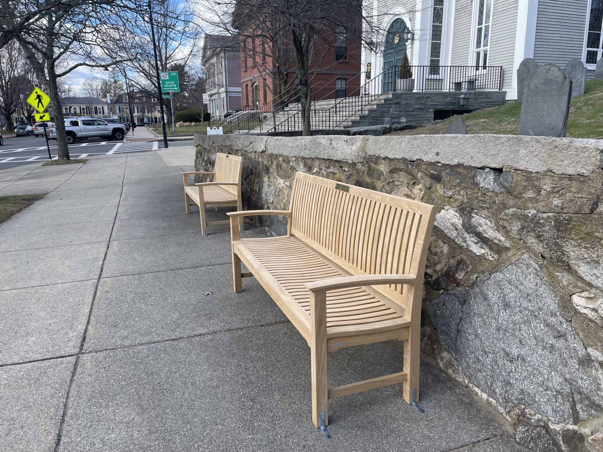 IMG_9659 Photo of two of the age-friendly benches along the sidewalk in Concord, MA.