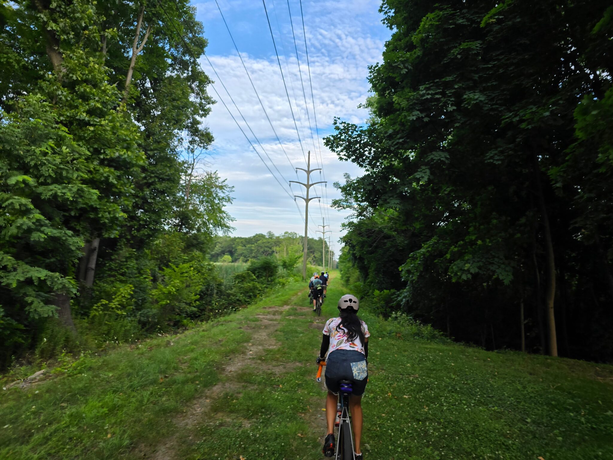 A photo from the Landline 2024 ride in Danvers. A few cyclists can be seen riding away on a dirt / grass path, which is following power lines overhead. Trees flank both sides of the open path area.