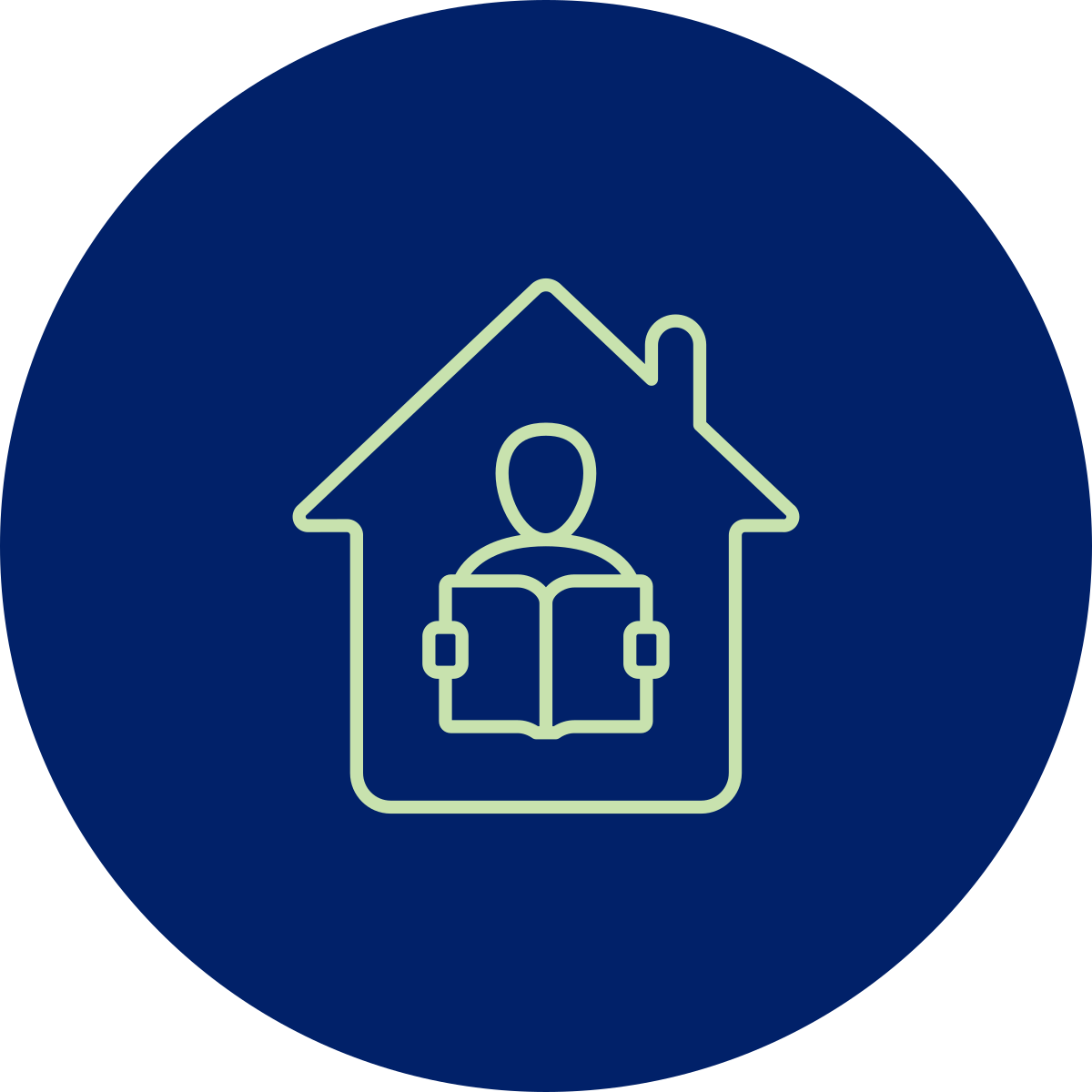 noun-home-schooling-5530234-C8E2AE Icon of a light green outline of a house with a person reading a book inside of the house. It's on a dark blue background in the shape of a circle.