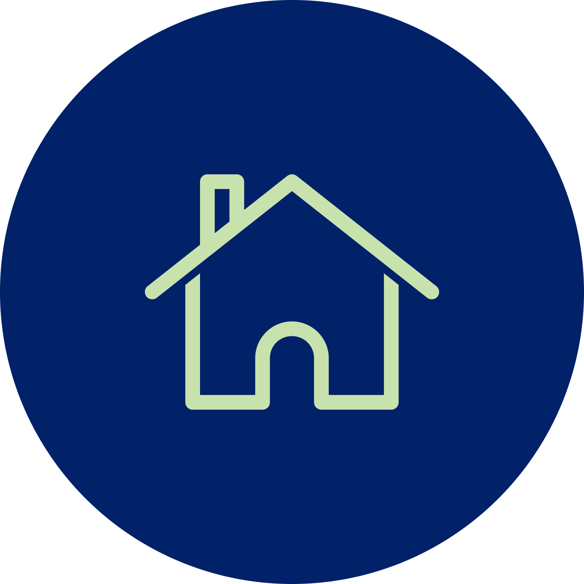 noun-house-1745674-C8E2AE Icon of an outline of a house in light green, over a dark blue background in the shape of a circle.