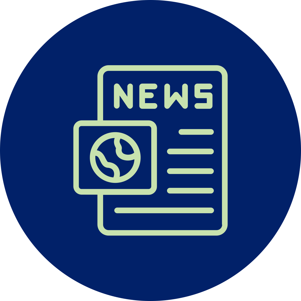 noun-news-7120948-C8E2AE Icon of A light green outlined piece paper with horizontal lines on it and the word "News" at the top. Coming out the left side of the paper is a box with an outline of earth in it. The background of the icon is dark blue and in the shape of a circle.