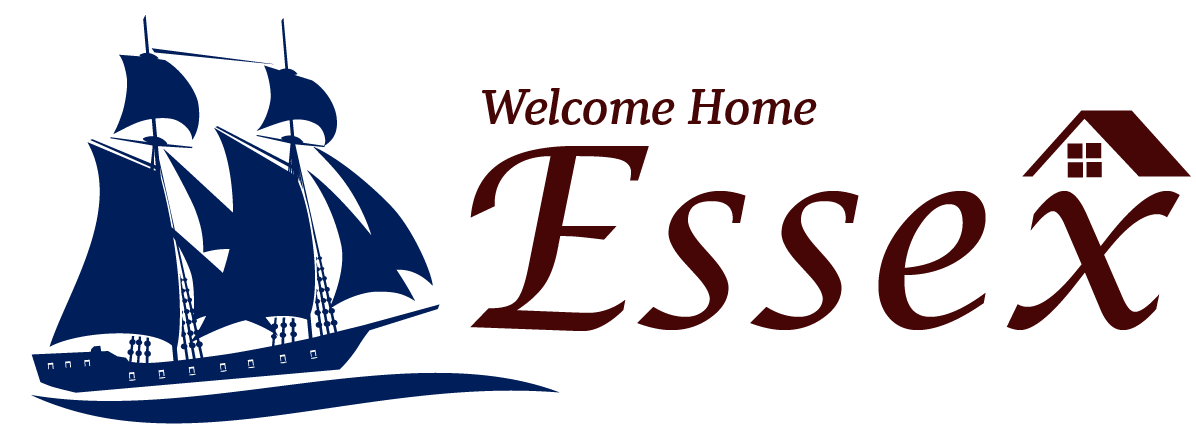 Logo for the Welcome Home Essex project. An illustration in dark blue of a large ship. To the right in dark read letters is text that says, "Welcome Home Essex". A illustration in dark red of a roof is over the letter "x" in "Essex".