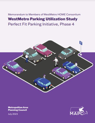 Perfect Fit Parking Phase 4 cover The cover page of MAPC's Perfect Fit Parking Phase 4 report. A drawing of a parking lot with six cars is shown in the center.