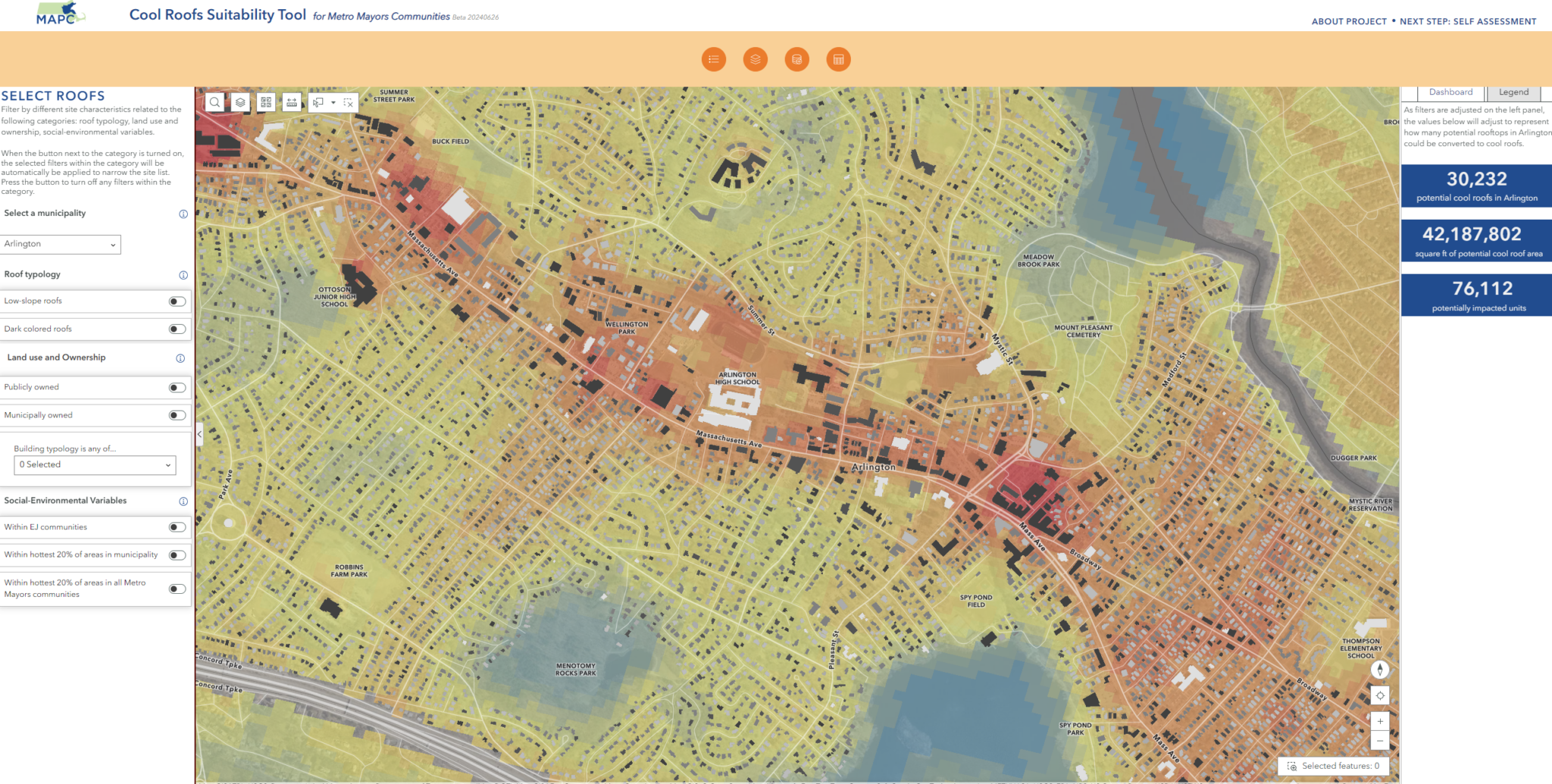 cool roofs The Cool Roof Suitability Map - an aerial view of a section of Arlington with yellow and red shading. Red shading indicates opportunities for cool roofs.