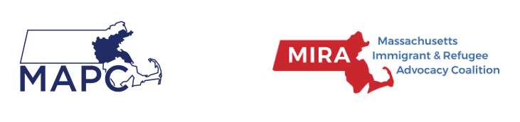 MAPC and MIRA Coalition logos in a horizontal line. The MAPC logo is a white map of Massachusetts outlined in blue. The Greater Boston region is colored in blue. Under the map in large, capitalized, blue letters is text that says, "MAPC". The MIRA logo is a red map of Massachusetts with capitalized white text over the map that says, "MIRA". To the right of the map in blue text it says, "Massachusetts Immigrant and Refugee Advocacy Coalition".