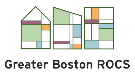 Three different shaped housing units. Each has squared and rectangular shaped boxes of different colors. Under the housing units are the words, "Greater Boston ROCS".