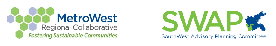 MWRC and SWAP logos in a horizontal line. The MWRC logo is on the left, and has a An abstract hexagon gray and green design on the left. To the right are the words, "MetroWest Regional Collaborative". Under that in smaller, light green letters it says, "Fostering Sustainable Communities". The SWAP logo is to the right of the MWRC logo, and In large, capitalized, light green letters, it says, "SWAP". To the right of this is a blue map of the Greater Boston region, with the SWAP subregion colored in green. Under all of this in blue letters it says, "SouthWest Advisory Planning Committee".