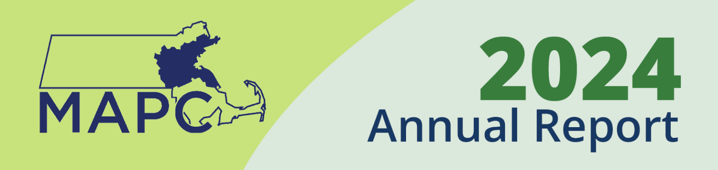 2024 Annual Report banner. Over two tones of green, on the left side is a blue version of the MAPC logo. On the right side in large, Green text it says, "2024". Under that in smaller blue text, it says, "Annual Report".
