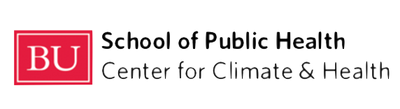 BU School of Public health logo BU School of Public Health logo. White text in a red box says, BU. Black text to the right of the red box says School of Public Health Center for Climate and Health.