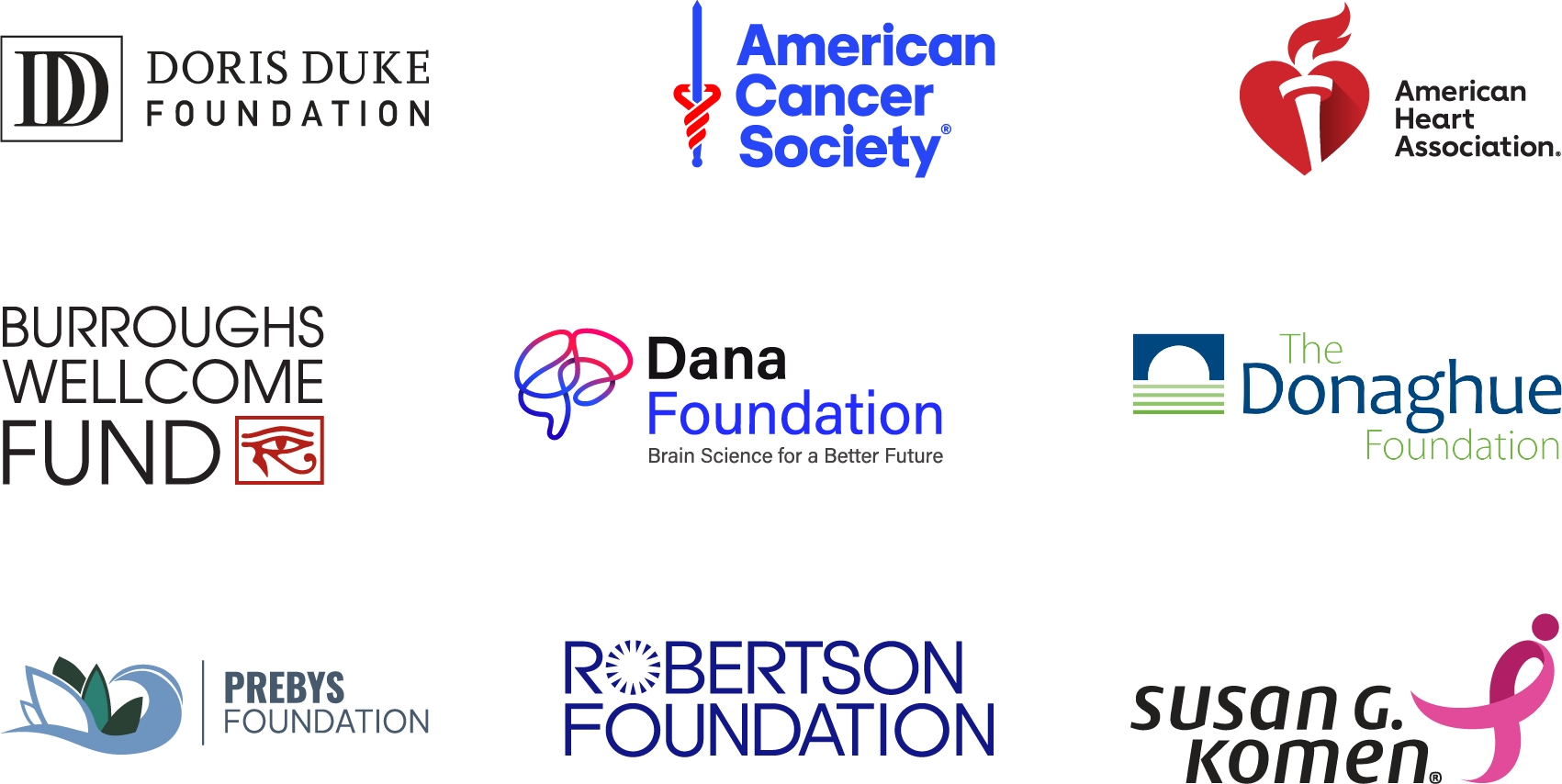 DORIS_Pathways_Partner Logo Lockup 01 Logos of the Strengthening Pathways Collective. Doris Duke Foundation, American Cancer Society, American Heart Association, Burroughs Welcome Fund, Dana Foundation, The Donaghue Foundation, Prebys Foundation, Robertson Foundation, and Susan G. Komen.