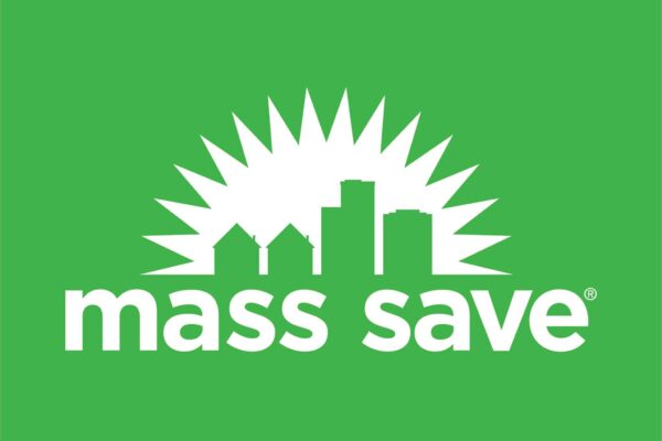 The Mass Save logo. White letters say "Mass Save," and a white outline of a sun and buildings complement a green background,