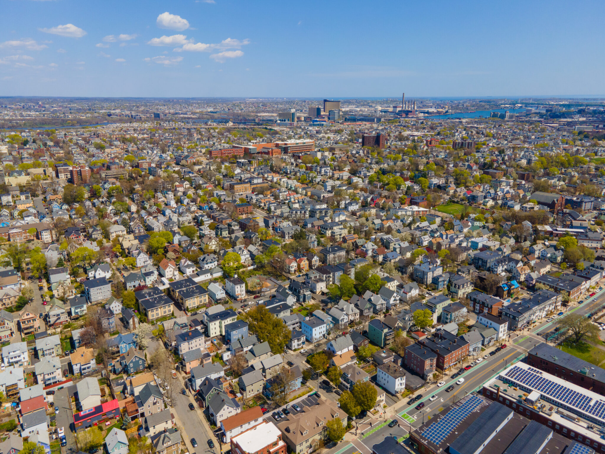 Aerial view of the city center of Somerville, Massachusetts.
