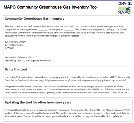 GHG Tool Example A screenshot of the Greenhouse Gas Inventory Tool. Sections include "Using this tool" and "Updating the tool for other inventory years" in bold letters.