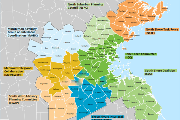 Map of the 101 Greater Boston cities and towns broken out into the eight subregions. Each subregion is a different color.