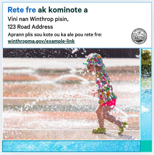 image (252) Social graphic of a child playing on a splash pad. Text says "Stay cool with community. Come to the Winthrop Splash Pad 123 Road, Address. Learn more about places you can go to stay cool. winthropma.gov/example-link.