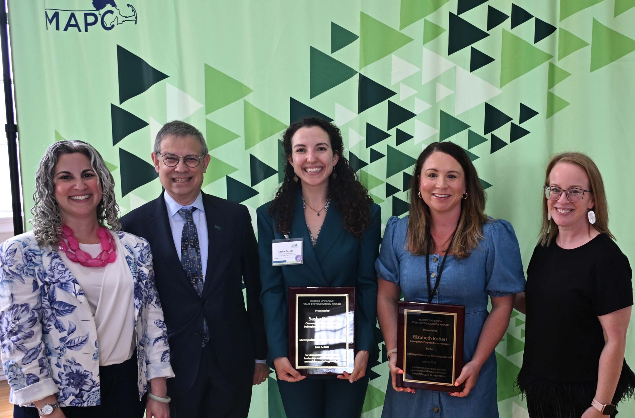 2025 Annual Council Meeting staff awardees Left to right: MAPC Deputy Executive Director Lizzi Weyant, MAPC Executive Director Marc Draisen, MAPC Community Engagement and Subregional Programs Manager Sasha Parodi, MAPC Emergency Preparedness Manager Beth Robert, and MAPC Council President Erin Wortman (Town of Stoneham) | Photo Credit: MAPC