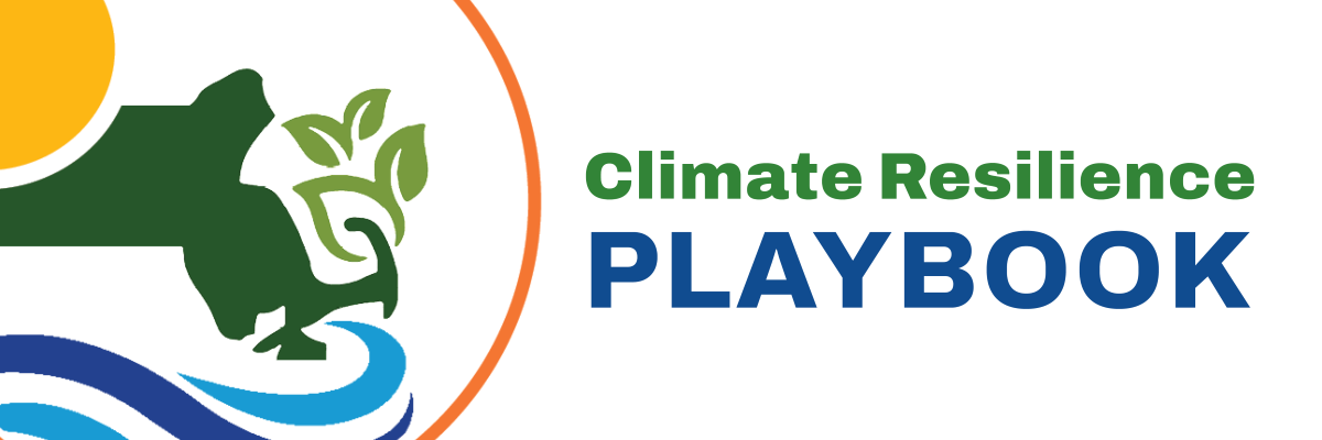 Purely decorative header. An illustration of a green map of Massachusetts with green leaves coming out of the map, a yellow sun over the map, and water under the map. To the right of the illustration text says, "Climate Resilience Playbook".