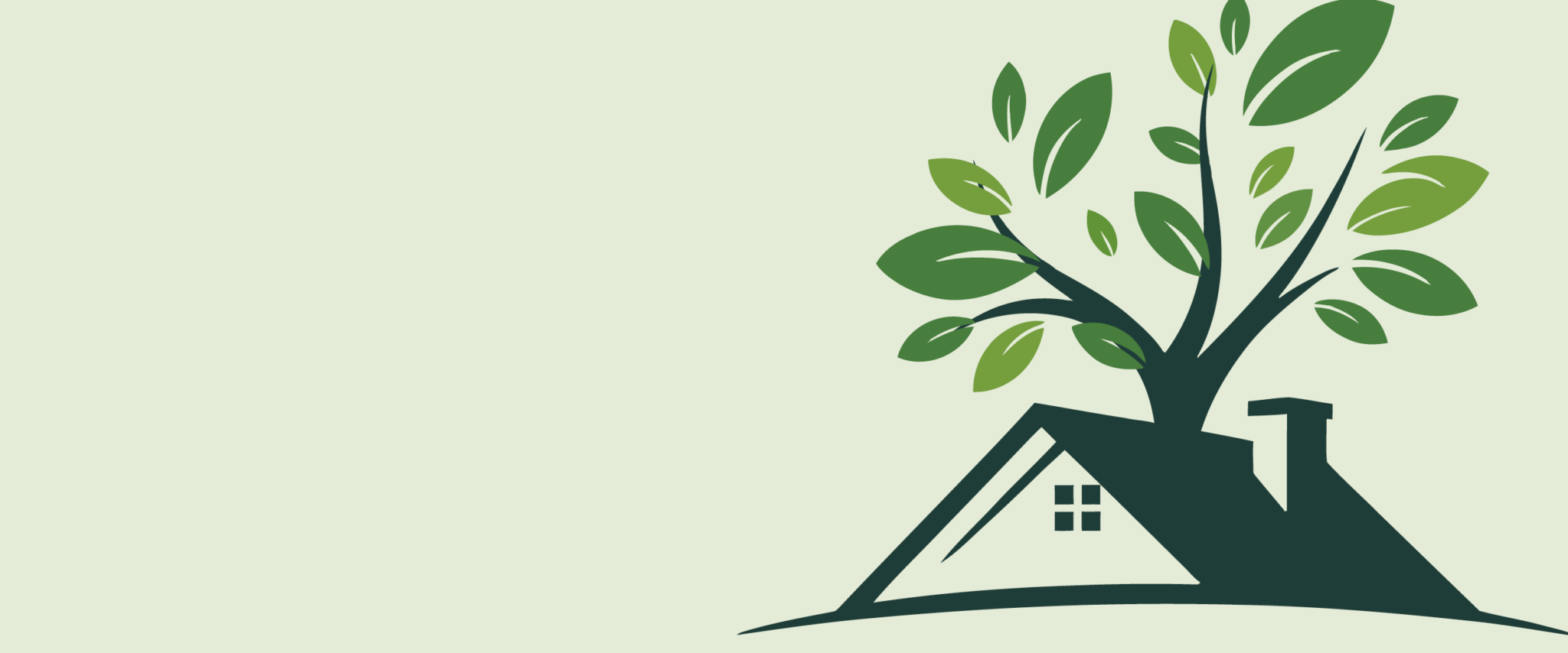 Illustration of the roof of a house with a tree coming out of the roof. The background is a light green.