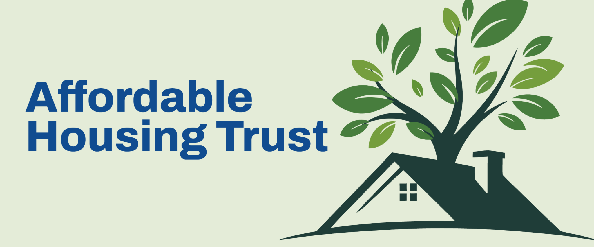 Illustration of the roof of a house with a tree coming out of the roof. Blue text to the left of the illustration says Affordable Housing Trust.