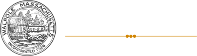 Walpole seal in black and white on the left. On the right in white letters it says, Walpole Massachusetts.